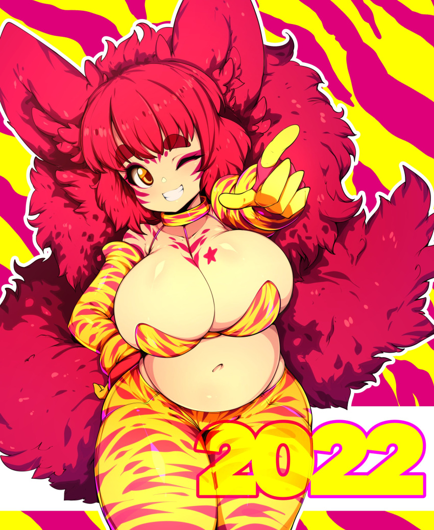 2022 animal_ears big_breasts collar looking_at_viewer nellko_agogo red_hair slugbox smile striped_clothing striped_legwear tail tiger_print wink year_of_the_tiger