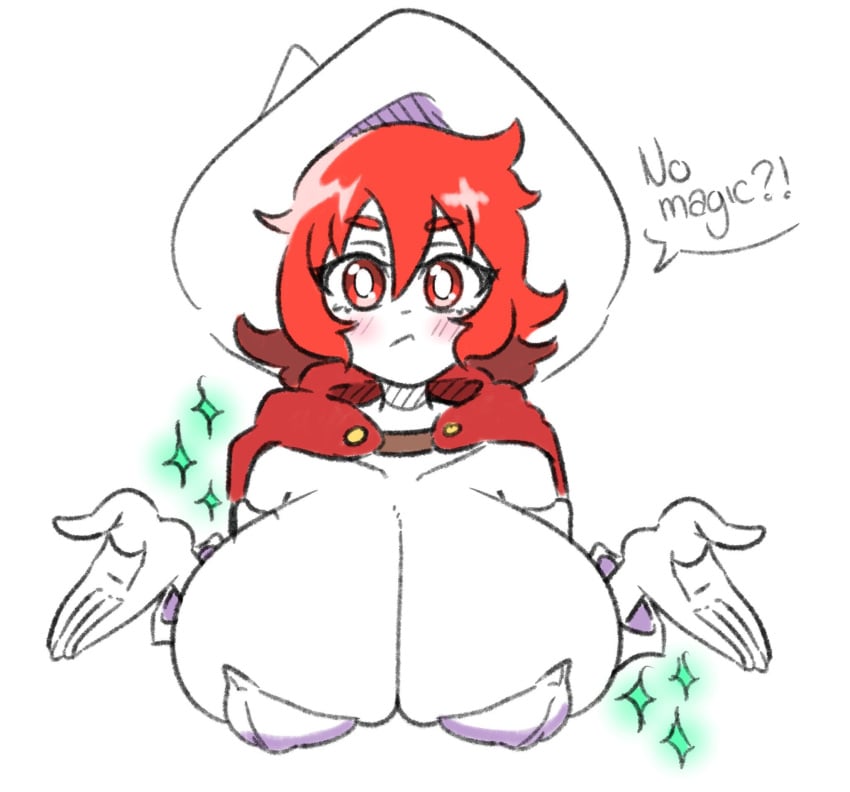 breast_expansion breast_squeeze breast_squish bunnysuit female huge_breasts inakotho little_witch_academia magic presenting_breasts red_eyes red_hair shiny_chariot short_hair sole_female text text_bubble thick_eyebrows unimpressed witch witch_hat