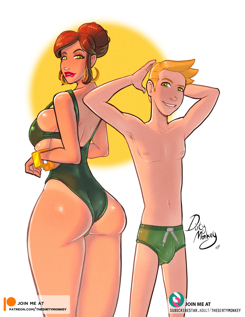 1boy 1girls age_difference blonde_hair brown_hair curvy hair_bun huge_breasts implied_incest jack_sweet legs_together lip_biting milf mother_and_son one-piece_swimsuit subscribestar_username thedirtymonkey veronica_sweet