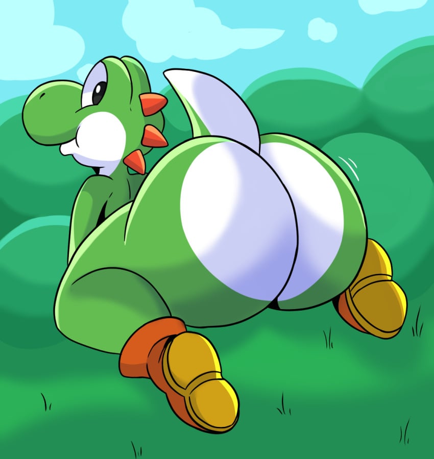 anthro big_ass big_nose big_thighs bubble_butt dinosaur facing_away femboy green_skin green_yoshi happy huge_ass jiggling_ass looking_at_viewer looking_back male_only mario_(series) nathanatwar nintendo orange_shoes shoes_only sitting smile smiling solo solo_male tail thick_thighs thighs whateverdoes white_ass wide_hips yoshi