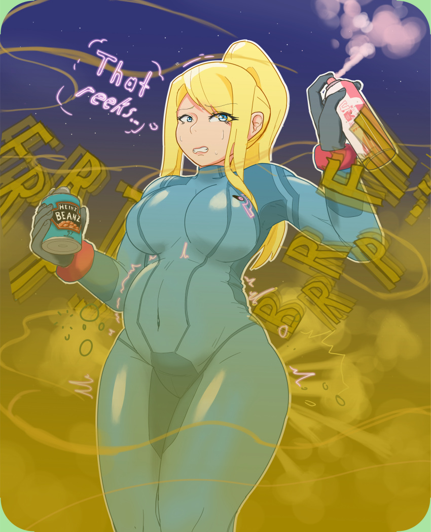 1girls air_freshener beans bloated blonde_female blonde_hair blue_eyes brap breasts fart fart_fetish gassy heinz huge_breasts metroid nintendo ponytail pyrosinical samus_aran skin_tight smelly solo stars thick_thighs thighs_together wide_hips zero_suit_samus