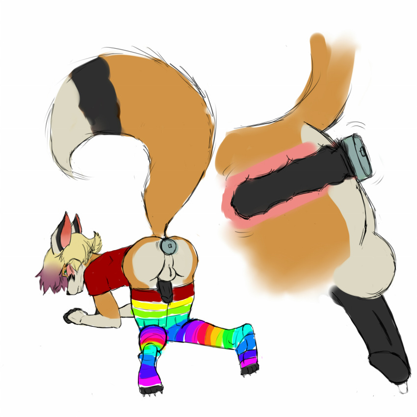 anal anthro black_penis canid canine charles_(viesta) clothing embarrassed footwear fox genitals hi_res male male_only male_penetrated mammal multicolored_clothing multicolored_footwear multicolored_socks penis rainbow_clothing rainbow_footwear rainbow_socks rear_view sex_toy socks solo vibrator