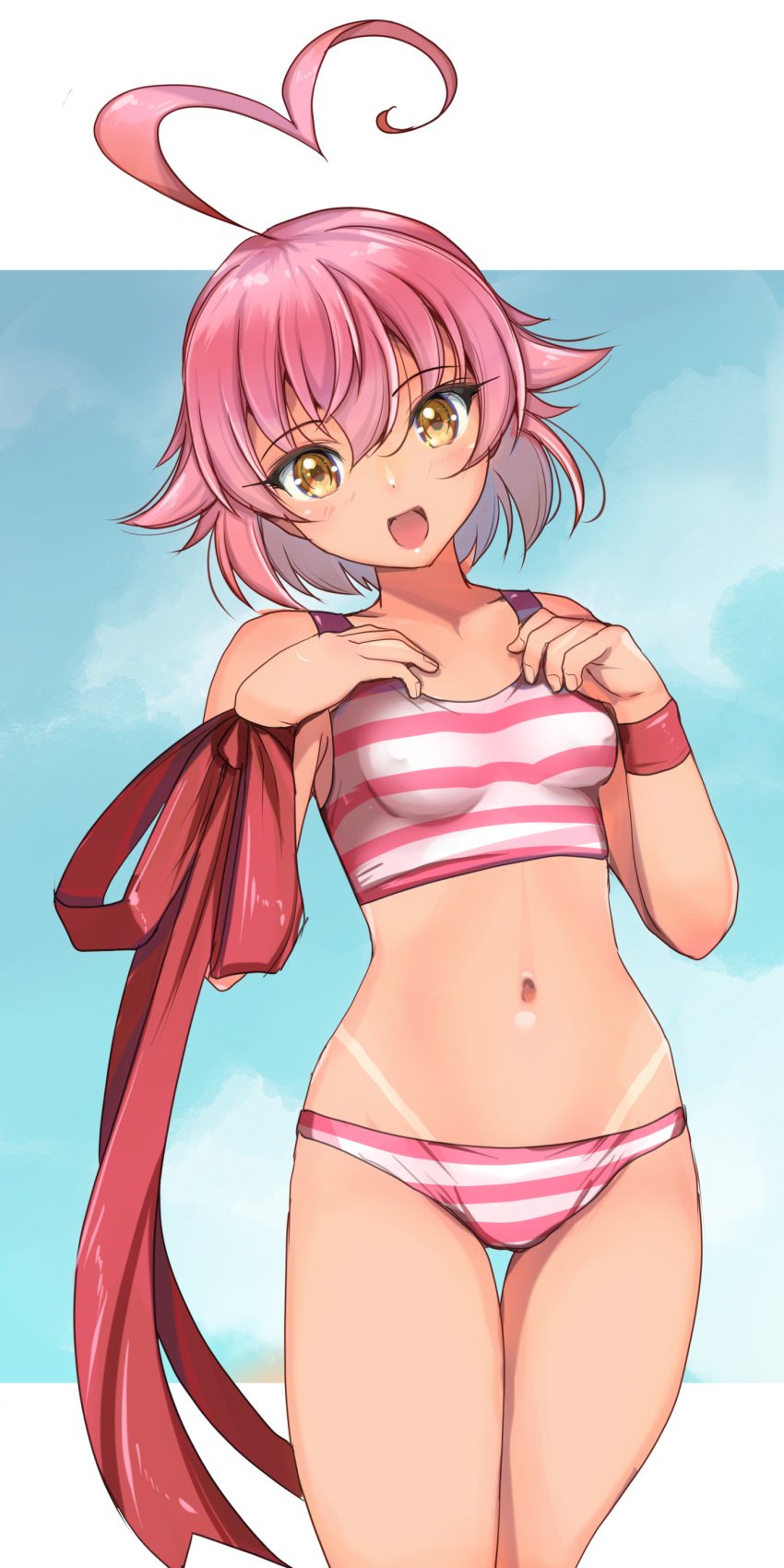 1girls aino_heart arcana_heart bikini breasts hands_on_own_chest highres legs looking_at_viewer navel open_mouth pink_hair ribbon short_hair small_breasts smile solo striped striped_bikini swimsuit tan tanline thighs yellow_eyes