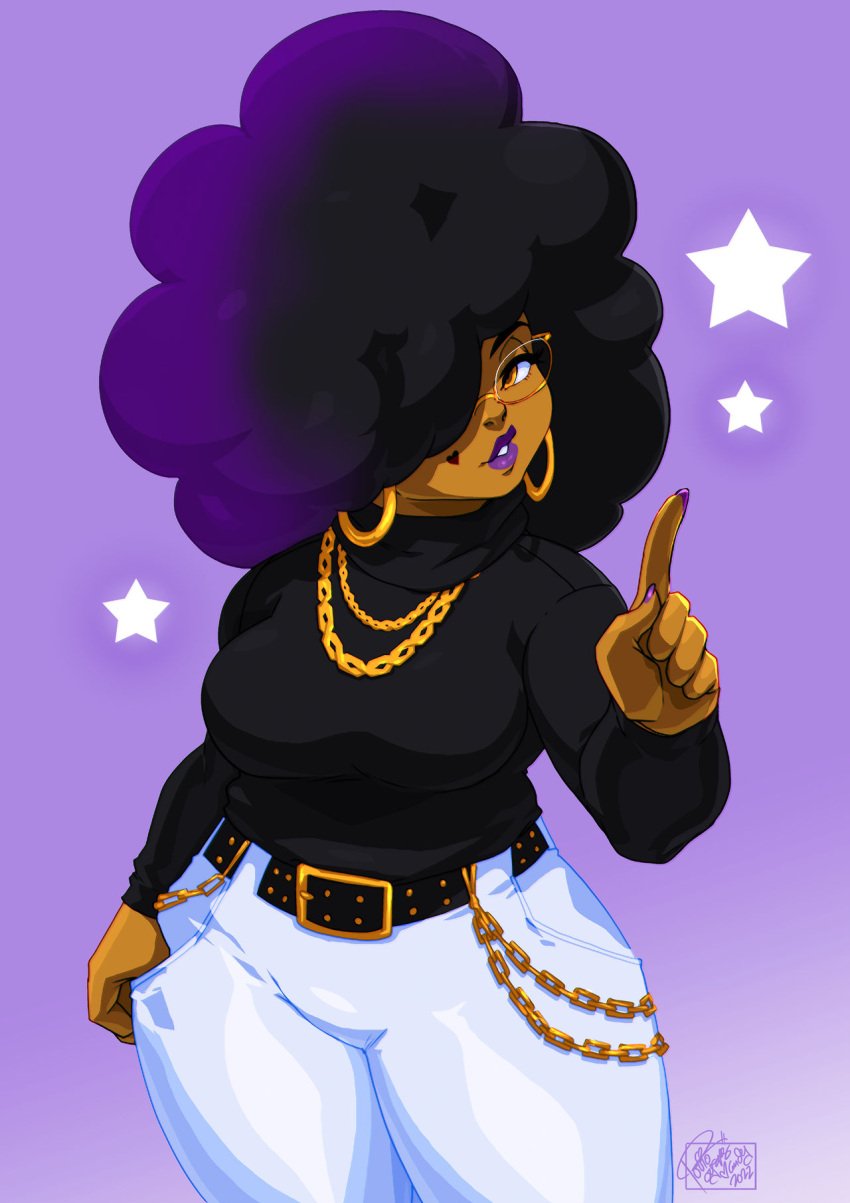 1girls afro artist_name belt big_breasts black_hair breasts brown_body brown_skin busty chains character_request curvy dark-skinned_female dark_skin earrings female female_focus female_only glasses hair heart_tattoo hips hourglass_figure huge_breasts large_breasts legs lips original original_character tattoo_on_face thick thick_legs thick_lips thick_thighs thighs tovio_rogers violet_lipstick voluptuous watermark wide_hips yellow_eyes