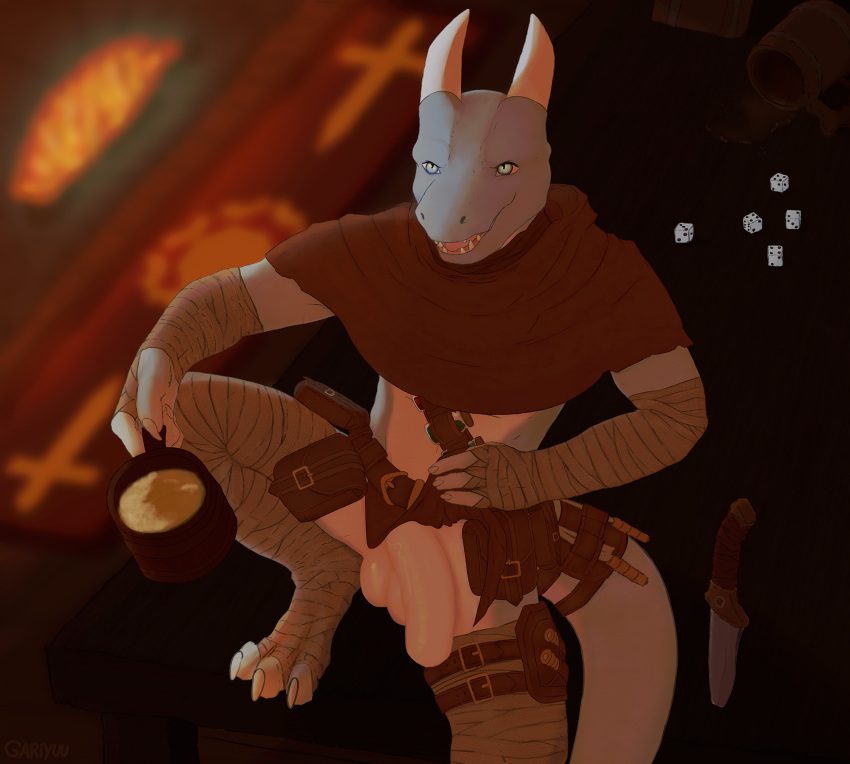 accessory alcohol anthro arm_wraps balls belt belt_pouch beverage blue_eyes bottle bottomwear clothed clothing clothing_lift dice flaccid foreskin furgonomics furniture gariyuu_(artist) genitals hemlock_kobold hi_res holding_mug holding_object hood horn humanoid_genitalia humanoid_penis inside knife kobold leg_belt leg_wraps loincloth loincloth_lift male mug on_table open_mouth penis presenting presenting_penis pupils raised_leg reptile scalie sitting slit_pupils solo spread_legs spreading table tail_accessory tail_belt teeth tongue wraps