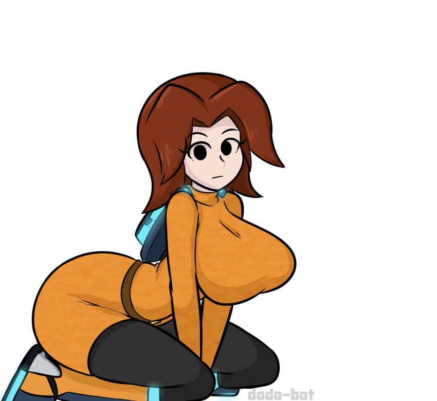 1girls 2d big_breasts breasts brown_hair clothed clothing dodo-bot female female_only kneeling mii mii_gunner mii_gunner_(smash_4) mob_face nintendo solo super_smash_bros. tagme white_background