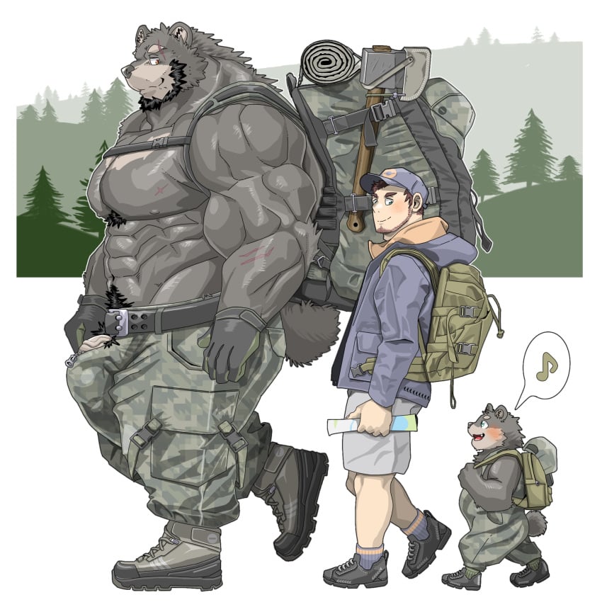 anthro axe backpack beard belt big_muscles big_pecs big_penis black_bear black_body black_fur black_hair body_hair boots bottomwear brown_hair cargo_pants chan_kiti_chan_(artist) chest_hair clothing crescent_(shape) facial_hair facial_scar family father father_and_child father_and_son footwear fur genitals group hair hat headgear headwear hi_res hiking human human_on_anthro interspecies jacket larger_anthro larger_male male male/male mammal map melee_weapon muscular muscular_anthro muscular_male navel pants parent parent_and_child pecs penis penis_through_fly plant poking_out pubes scar shirtless shirtless_male size_difference smaller_human smaller_male son topwear tree trio unzipped unzipped_pants ursid ursine weapon