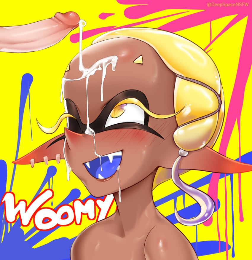 agent_3_(splatoon_3) animal_humanoid big_penis blonde_eyebrows blue_mouth blue_tongue blush bodily_fluids brown_body brown_skin cephalopod cephalopod_humanoid coleoid colorful colorful_background cum cum_drip cum_in_mouth cum_inside cum_on_face cum_on_forehead cum_string decapodiform deepspace dripping duo ear_blush ear_piercing ejaculation eyebrows fangs female frye_(splatoon) genital_fluids genitals hi_res humanoid humanoid_pointy_ears inkling male male/female marine marine_humanoid mollusk mollusk_humanoid nintendo one_eye_closed penis piercing splatoon splatoon_3 text tongue unusual_eyes video_games yellow_eyelashes