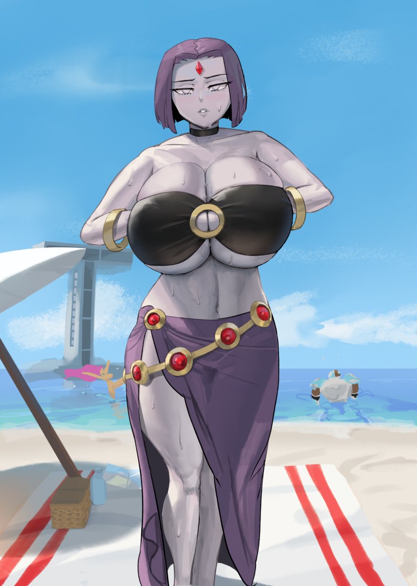 1boy 2girls alien alien_girl alternate_breast_size beach big_breasts bikini booruguru breasts busty cambion cdc clothing curvaceous curvy curvy_body curvy_female cyborg cyborg_(dc) dc dc_comics demon demon_girl eyelashes female female_focus forehead_jewel goth grey_skin hair half_demon hourglass_figure huge_breasts human jewel large_ass large_breasts legs purple_eyes purple_hair rachel_roth raven_(dc) short_hair starfire superhero superheroine tamaranean teen_titans thick thick_thighs thighs unseen_male_face upper_body victor_stone voluptuous wide_hips