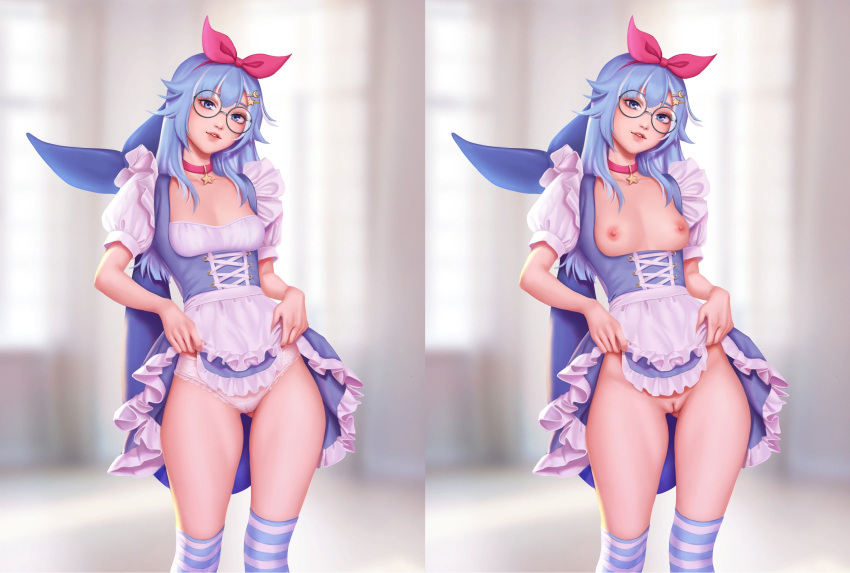 blue_hair breasts collar dress_lift glasses panties panty quilm stockings tagme