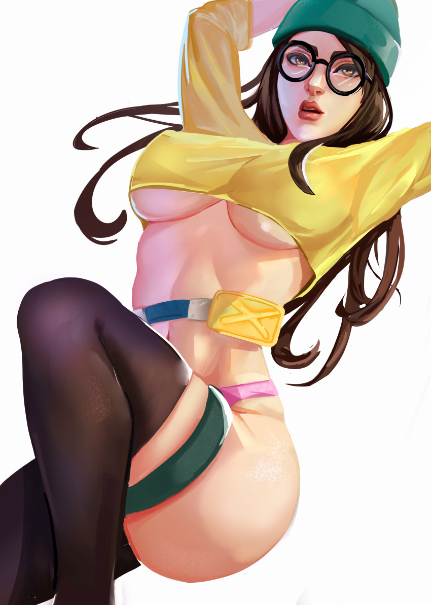 beanie beanie_hat brown_hair fanny_pack glasses killjoy_(valorant) looking_at_viewer nerd nerdy_female no_bra no_pants panties stockings thighhighs underboob valorant vile_jp white_background yellow_shirt