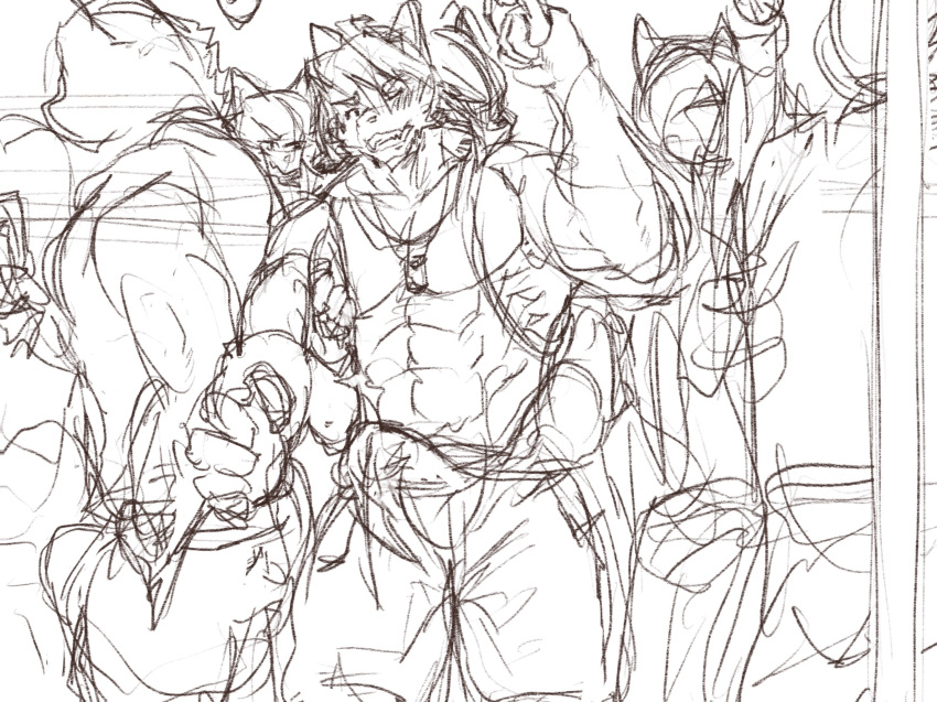 abs anthro blush bottomwear bulge canid canine canis clothing domestic_dog faceless_character faceless_male groping_from_behind group hand_in_pants hi_res husky kouya_(morenatsu) male male/male mammal molestation morenatsu muscle_shirt muscular_arms nordic_sled_dog pants pecs public_transportation reaching_in smile spitz train vehicle video_games visual_novel yunu38