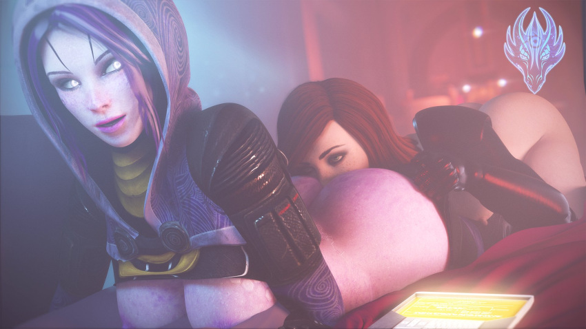 2girls 3d 3d_(artwork) alien alien/human alien_girl anilingus ass ass_grab blender blender_(software) breasts butt_grab commander_shepard face_in_ass female female_only femshep helmet_removed human interspecies its-gergless looking_back looking_pleasured mass_effect mass_effect_2 mass_effect_3 on_stomach quarian red_hair rimjob rimming tali'zorah_nar_rayya yuri