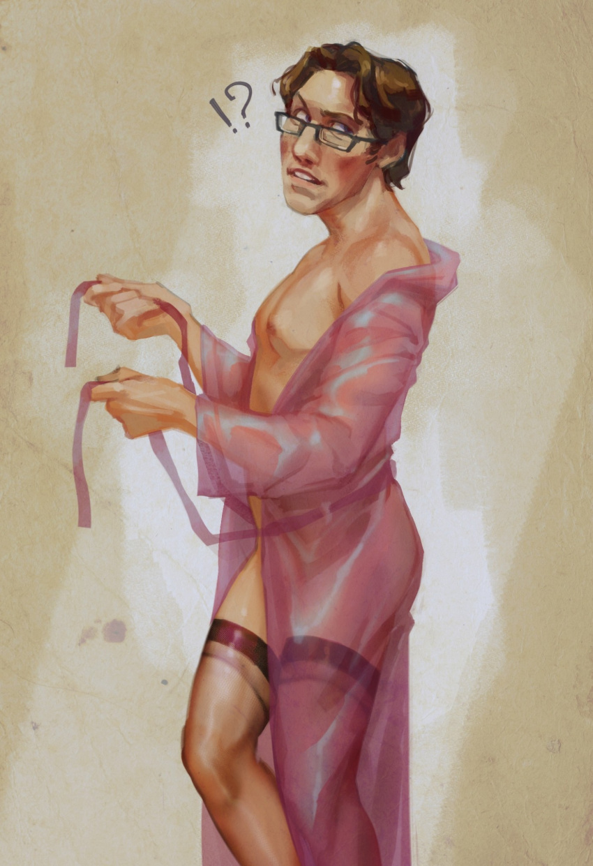 1boy glasses jerma jerma985 male pinup robe silk solo_male stockings