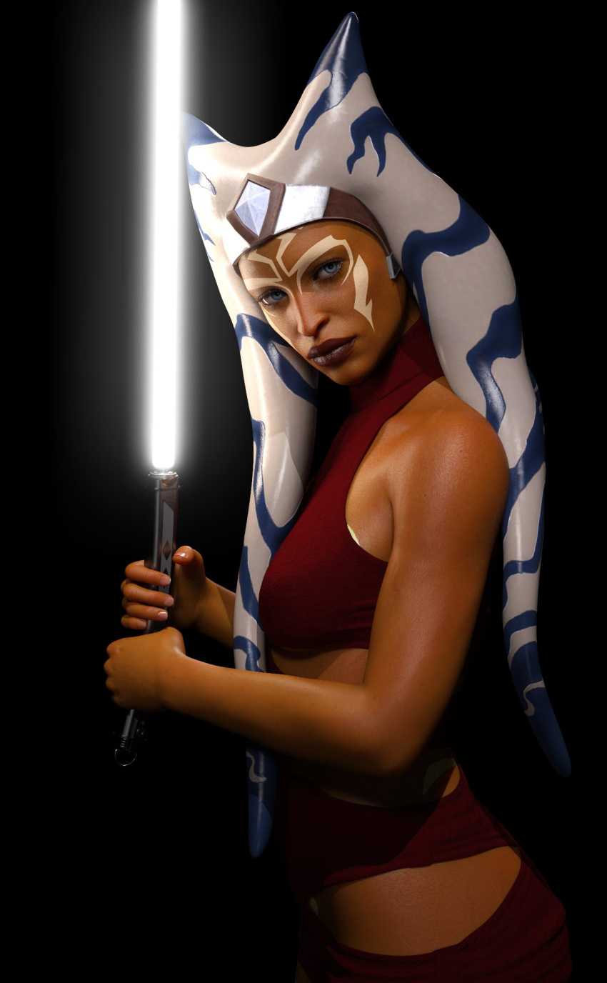 1girls 3d ahsoka_tano alien alien_girl alternative_version_available athletic athletic_female black_background blue_eyes close_up drinkerofskies facial_markings female female_only female_protagonist fit_female fully_clothed headband headgear holding_object holding_sword holding_weapon horn humanoid lightsaber lips looking_at_viewer markings melee_weapon open_eyes pubic_tattoo science_fiction shiny_skin side_view simple_background solo standing star_wars star_wars_rebels tentacle_hair togruta weapon white_lightsaber