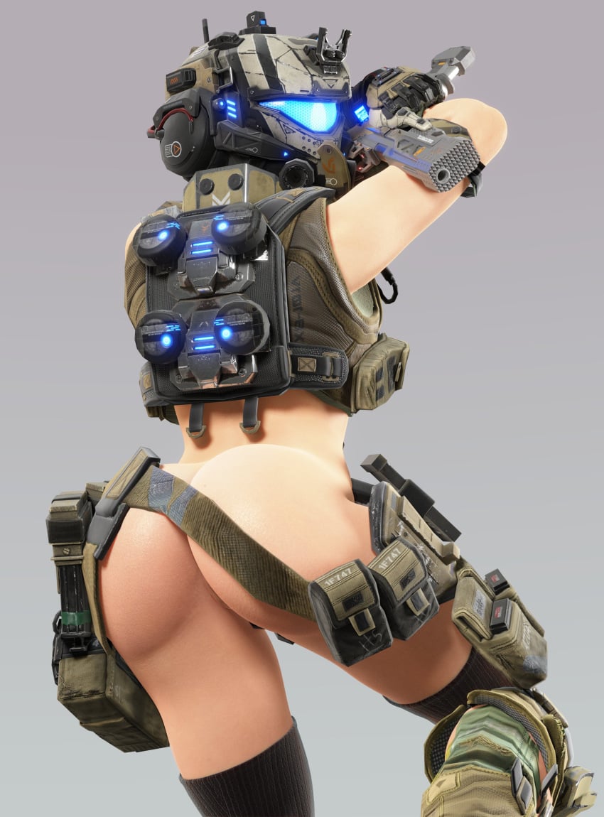 1girls ass back_view belt helmet highres llamasarepink pilot_(titanfall) pistol pose pulse_blade_pilot thighhighs thighs titanfall titanfall_2