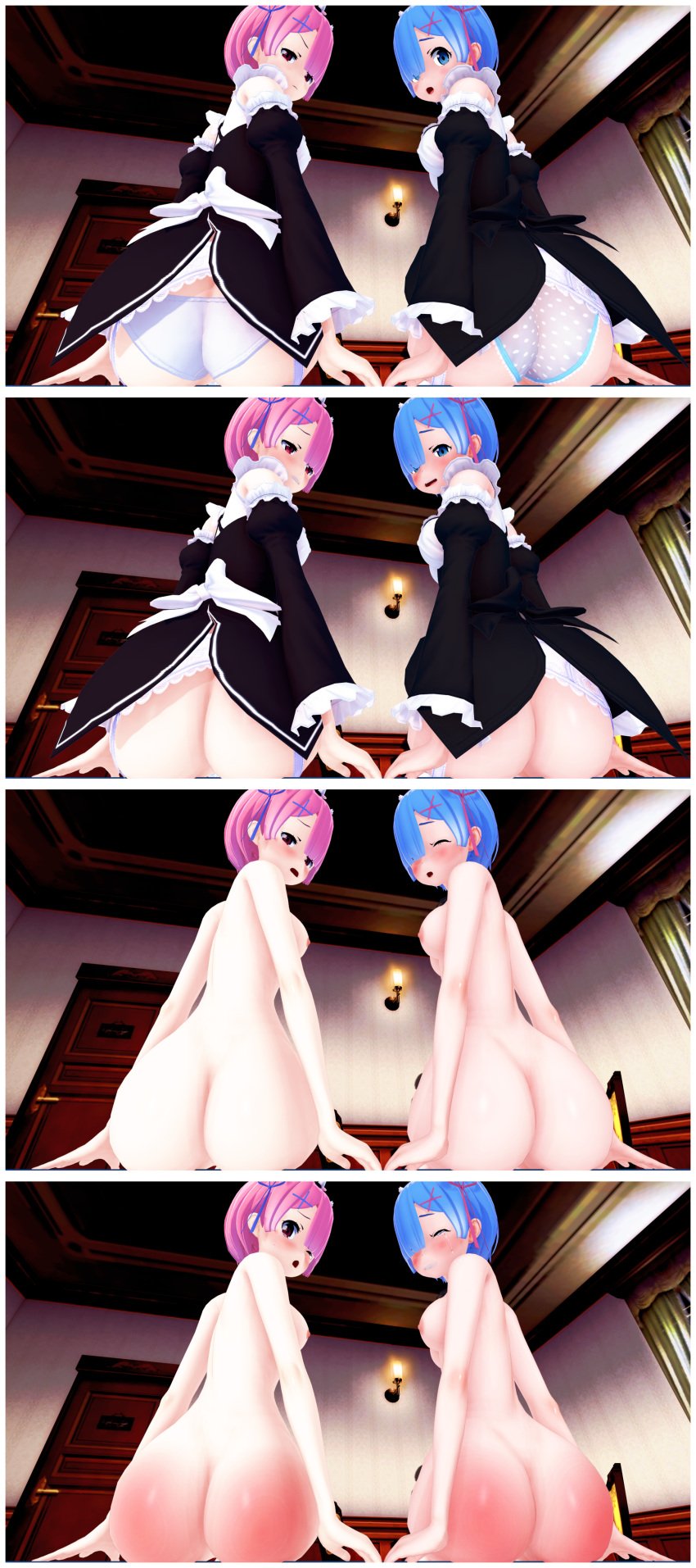 2girls 3d ass back_view big_ass bubble_butt embarrassed embarrassed_nude_female female_only femsub knockwolf koikatsu looking_back maid no_panties nude panties ram_(re:zero) re:zero_kara_hajimeru_isekai_seikatsu red_ass rem_(re:zero) sitting spanked spanked_butt spanking