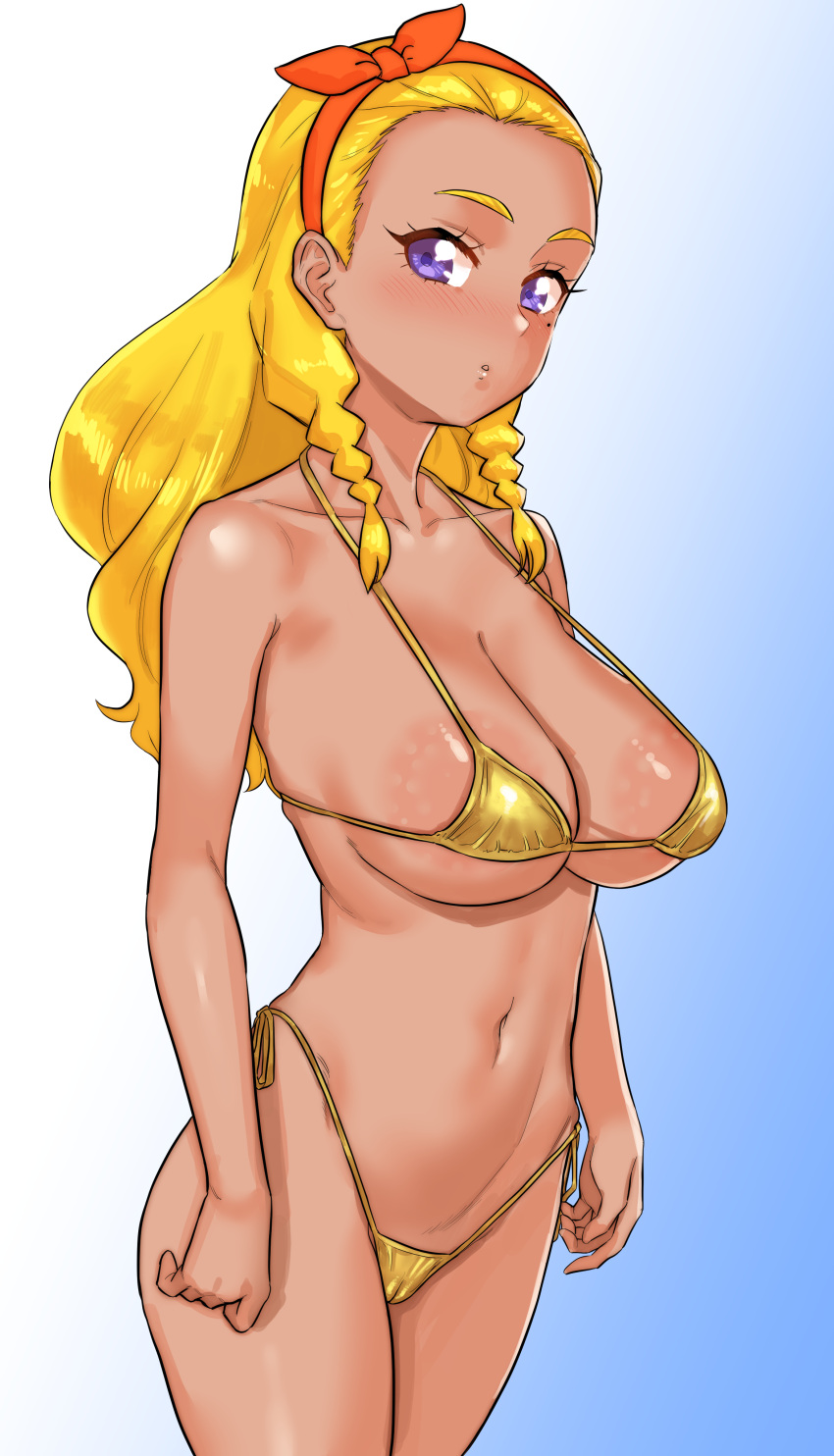 1girls alternate_breast_size amamiya_elena big_breasts bikini blonde_female blonde_hair blush breasts busty chinpokonyan curvaceous curvy curvy_body curvy_female curvy_figure female female_focus golden_bikini gradient_background hisaki huge_breasts kuppipi_ramutarou large_breasts long_hair mole mole_under_eye precure pretty_cure star_twinkle_precure swimsuit voluptuous