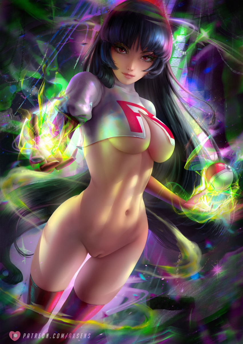 athletic athletic_female axsens bangs black_hair brown_eyes covered_nipples covering_breasts enemy_conversion esper fit fit_female gym_leader highres light-skinned_female light_skin long_hair looking_at_viewer medium_breasts naked nintendo no_pubic_hair nude pokemon pokemon_adventures pokemon_frlg pokemon_rse sabrina_(pokemon) team_rocket thighhighs underboob vagina