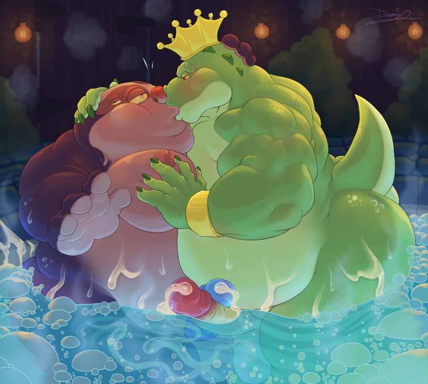 anthro bodily_fluids bracelet crocodile crocodilian crocodylid crown cum cum_in_water cum_on_body damingo disney duo frottage gay genital_fluids genitals hi_res hot_tub jewelry jumba_jookiba king_tangu kissing lilo_and_stitch male male/male male_only moob_grab penis reptile scalie sex water