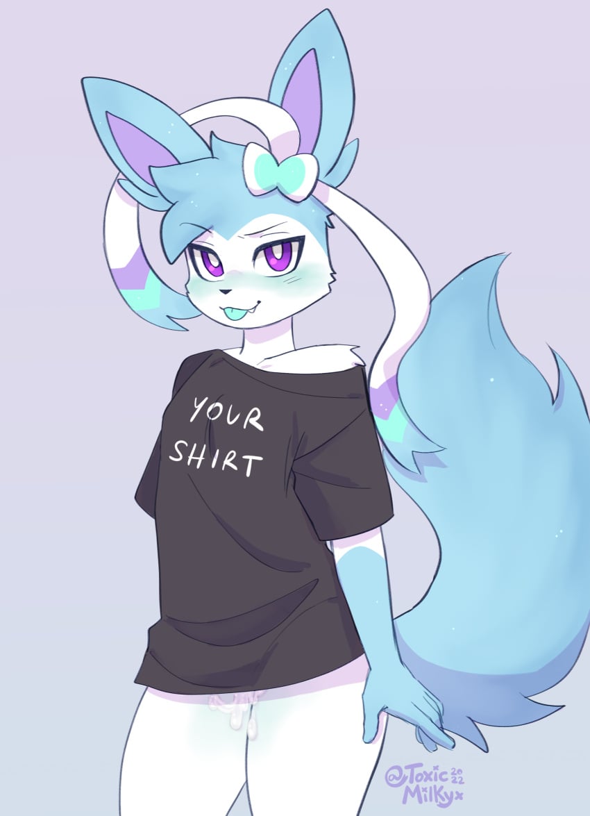 absurd_res anthro biped blep blue_blush blue_body blush bodily_fluids bottomless clothed clothed_anthro clothing cum cum_between_legs cuntboy eeveelution eyelashes generation_6_pokemon genital_fluids girly gloves_(marking) half_naked hi_res intersex looking_at_viewer markings milk_the_sylveon_(toxicmilkyx) nintendo pokemon pokemon_(species) purple_eyes shiny_pokemon signature simple_background solo sylveon tongue tongue_out toxicmilkyx video_games white_body