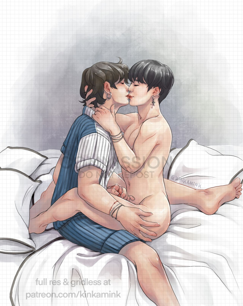 2boys asian asian_male bed bedroom big_lips black_hair bts earrings erection gay gay_sex hair_grab kim_tae_hyung korean kpop male male_only muscular muscular_male naked no_pants park_ji_min penis_grab penis_out singer sweat sweating tagme white_body white_skin yaoi