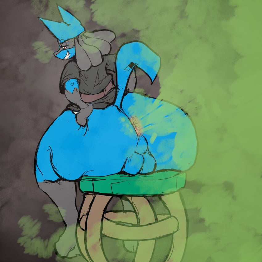 anthro anus ass balls big_butt black_body blue_body bottom_heavy bottomless chair clothed clothed/nude clothing ears_up fan_character fart fart_cloud fart_fetish freckles furniture gas gassed gassing gassy_boi gassy_male generation_4_pokemon genitals heavy_bottom hi_res huge_butt huge_fart huge_thighs looking_back looking_pleasured lucario male male_only multicolored_body nintendo nude on_chair passing_gas pokemon pokemon_(species) presenting presenting_hindquarters raised_tail red_eyes shirt shirt_only simple_background sitting sitting_on_chair smile solo spread_anus spreading stinky_anus sweatybuttcave thick_thighs topwear topwear_only two_tone_body video_games wide_hips