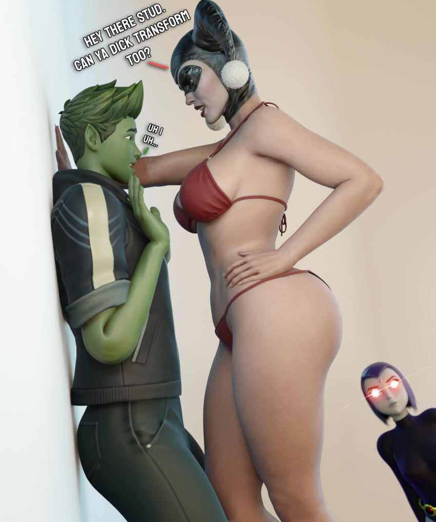 1boy 2girls 3d 3d_(artwork) against_wall ass batman:_arkham_knight batman_(series) beast_boy beast_boy_(fortnite) big_ass big_breasts bikini bikini_bottom bikini_top blender_(software) dc dc_comics dialogue english_text female fortnite fortnite:_battle_royale funny_background_event green_hair green_skin hand_on_hip harley_quinn harley_quinn_(classic) harley_quinn_(injustice) injustice_2 jealous large_breasts male meme multiple_girls purple_hair rachel_roth raven_(dc) red_bikini smitty34 teen_titans text thick_thighs