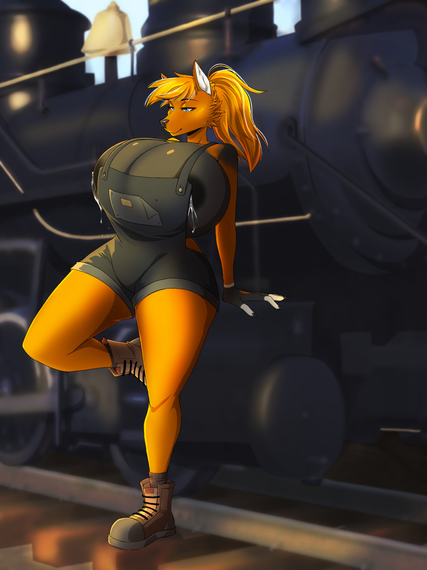 absurd_res anthro big_breasts blonde_hair bodily_fluids breast_expansion breasts canid canine clothing expansion female hair hi_res huge_breasts hyper hyper_breasts inflation lactating mammal milk overalls rorymaws solo thick_thighs