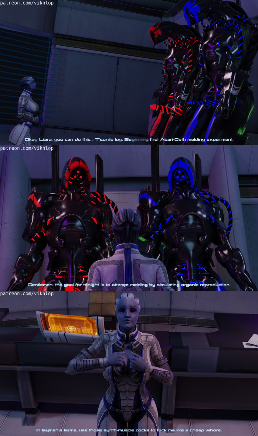 3d 3d_(artwork) alien asari big_ass big_breasts big_penis blender comic comic_page domination geth_prime glowing_cum liara_t'soni lingerie mass_effect original_character robot size_difference spitroast vikhlop x-ray