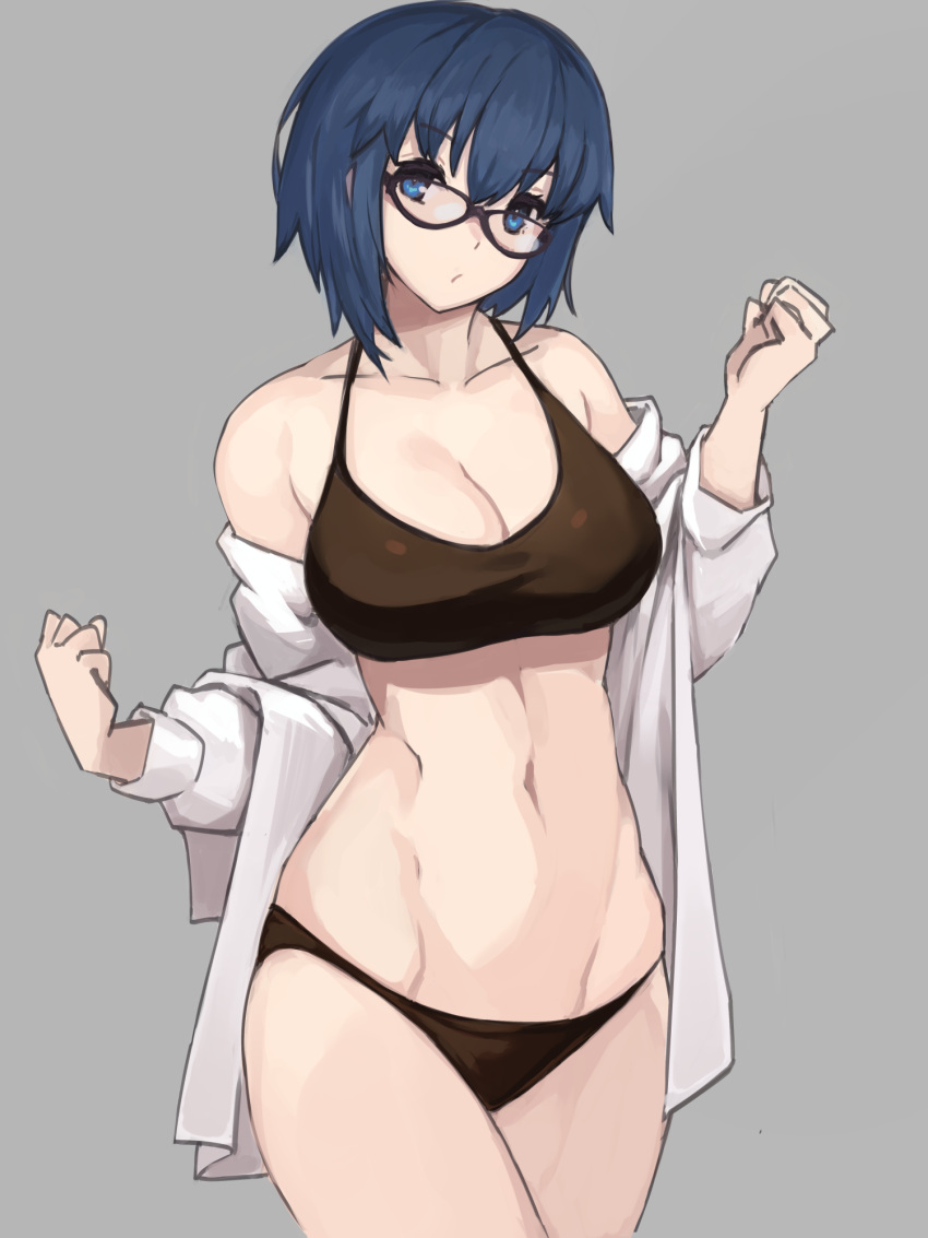 1girls big_breasts black_bra black_panties blue_eyes blue_hair bra ciel ciel_(tsukihime) cleavage female female_only glasses hourglass_figure jonyeld looking_at_viewer off_shoulder open_shirt panties short_hair solo sports_bra toned_female tsukihime type-moon undressing