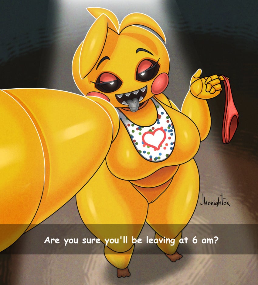 absurd_res bib big_breasts breasts clothing female five_nights_at_freddy's five_nights_at_freddy's_2 genitals hi_res holding_clothing holding_object holding_panties holding_underwear jhenightfox machine metal_tongue panties pussy robot scottgames solo thick_thighs tongue tongue_out toy_chica_(fnaf) underwear video_games