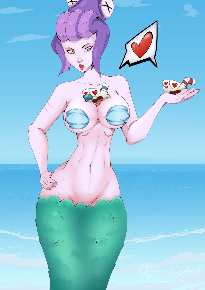 1girls 2boys big_breasts blue_eyes cala_maria cuphead cuphead_(game) female giantess heart hourglass_figure huge_breasts large_breasts larger_female male mermaid mermaid_giantess mugman rmumu scar seashell_bra size_difference smaller_male wide_hips