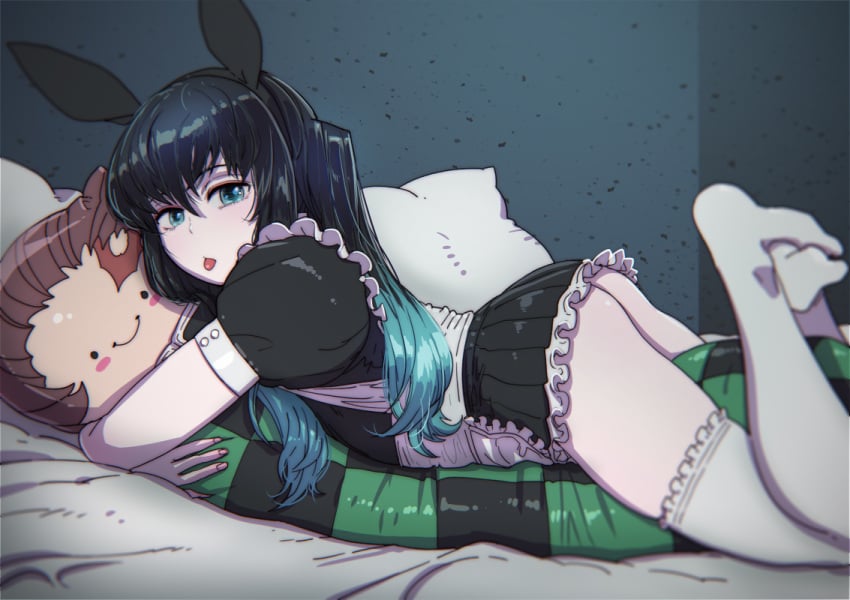 alternate_costume black_hair blue_eyes bunny_ears butcherboy crossdressing dakimakura_(object) dakimakura_pillow demon_slayer feet_up femboy frilled_legwear frills kamado_tanjirou kimetsu_no_yaiba long_hair long_hair_male looking_at_viewer maid_uniform male male_only muichiro_tokitou on_stomach pale-skinned_male pale_skin pillow short_dress solo the_pose thighhighs tongue_out two_tone_hair white_legwear white_thighhighs