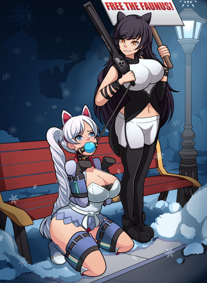 2girls ball_gag bench bitchsuit black_bra black_hair blake_belladonna blue_ball_gag blue_eyes bondage bound bra breasts cat_ears cat_pose catgirl clothed_female collar dankestofdans dominatrix fake_animal_ears female female_only femdom femsub gag gagged gambol_shroud holding_leash holding_sign holding_weapon kneeling large_breasts leash long_hair looking_down looking_up multiple_girls navel outside panties paw_pose pet_play petplay red_eyes red_panties rwby side_ponytail slave snow standing street_lamp weapon weiss_schnee white_hair