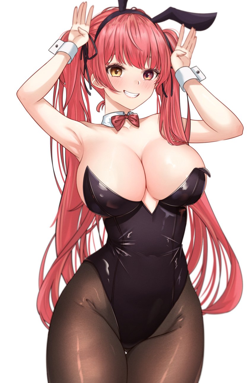 1girls 2d alternate_costume animal_ears armpits arms_up bare_shoulders black_hairband black_leotard blush bow bowtie breasts brown_pantyhose bunny_pose cetta_(cettadvd) cleavage covered_navel detached_collar english_commentary fake_animal_ears female female_only grin groin hairband hands_up heterochromia highres hololive hololive_fantasy hololive_japan houshou_marine large_breasts leotard long_hair pantyhose playboy_bunny rabbit_ears red_bow red_bowtie red_eyes red_hair simple_background smile solo thighs twintails very_long_hair virtual_youtuber white_background wide_hips wrist_cuffs yellow_eyes