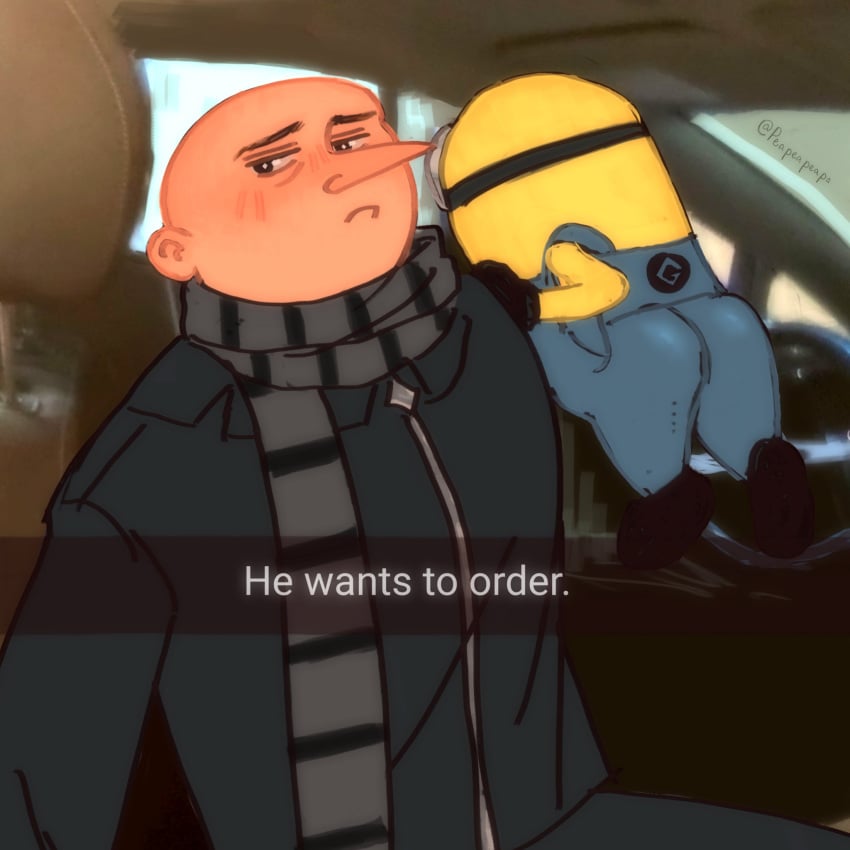 2boys anthro ass ass_focus bubble_ass bubble_butt clothing despicable_me felonius_gru he_wants_to_order human male_only meme minion peapeapeapa selfie size_difference snapchat text yaoi