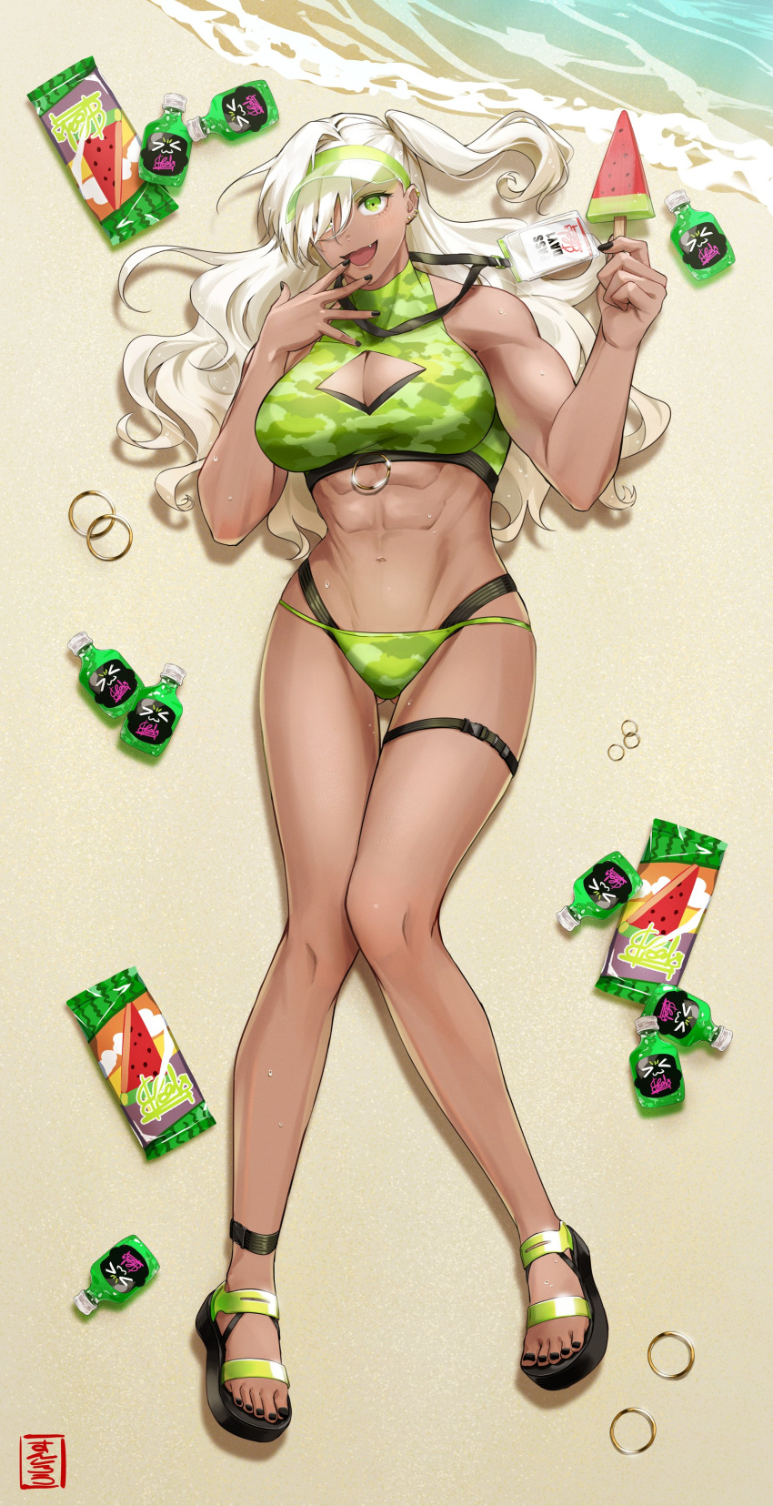 abs artist_request bare_arms bare_midriff beach buff camo_print cleavage cleavage_cutout dark-skinned_female dark_skin earrings fangs green_eyes gyaru hair_over_one_eye holding_object holding_popsicle lanyard large_breasts long_hair muscular muscular_female nail_polish navel on_back original popsicle ring sand sandals swimsuit tagme thigh_strap twintails water watermelon wavy_hair white_hair wrapper