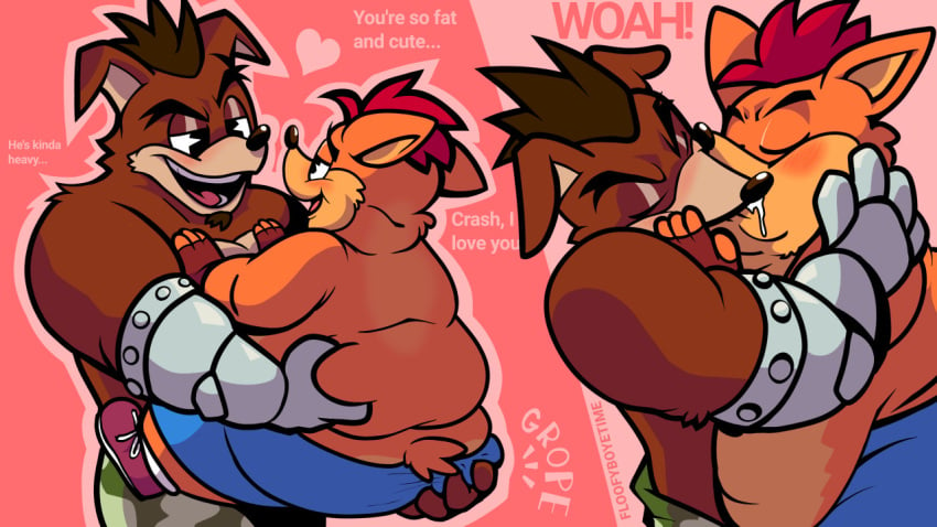 2boys activision anthro ass blush bodily_fluids chubby crash_(series) crash_bandicoot crunch_bandicoot duo english_text floofyboyetime gay grope heart holding_butt kissing male male/male male_only muscular saliva slightly_chubby text video_games yaoi