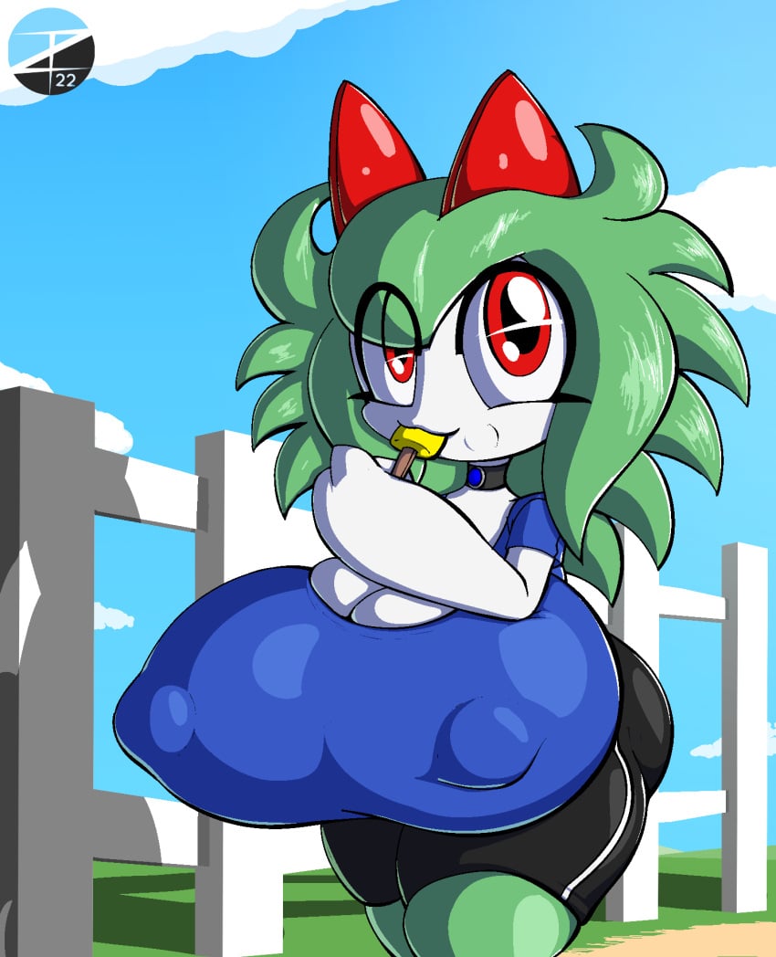 1girls 2022 anthro big_breasts black_shorts blue_shirt breasts emillie_(zanbonsen) female green_body green_hair huge_breasts kirlia pokemon pokemon_(species) red_body red_eyes solo solo_female white_body zanbonsen