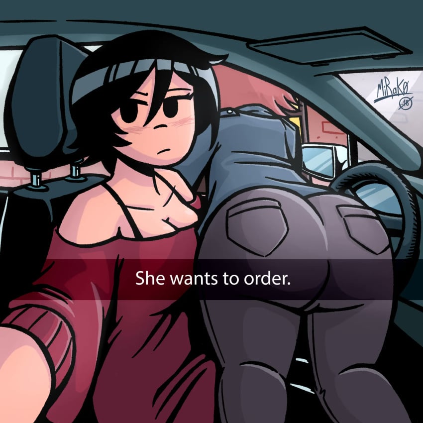 2girls ass big_ass black_hair breasts bubble_butt caption car cleavage clothing dat_ass fat_ass female female_only he_wants_to_order jeans kim_pine knives_chau large_ass looking_at_viewer meme mirako mob_face ordering_food red_hair scott_pilgrim selfie thick_thighs vehicle wide_hips