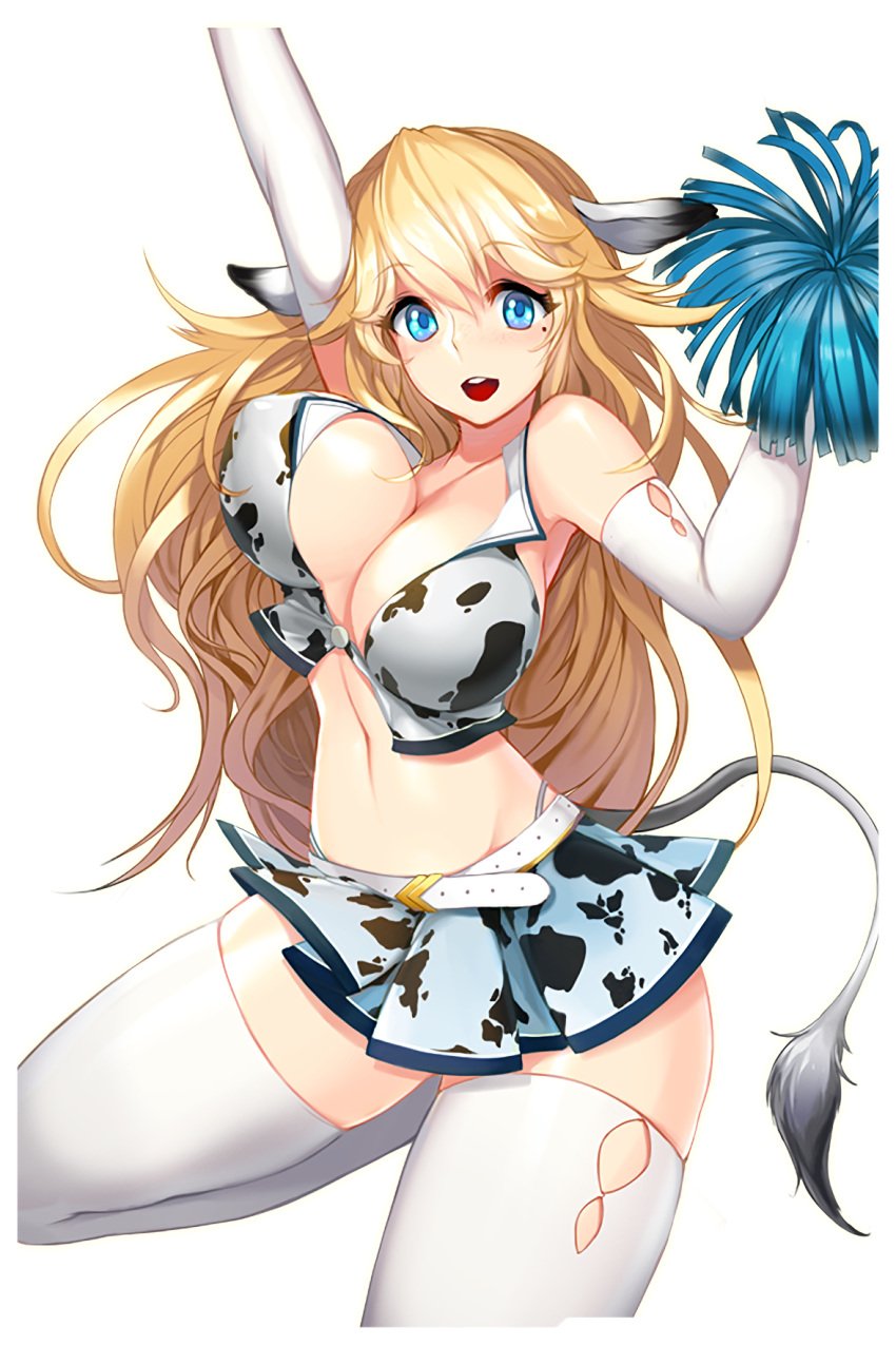 animal_ears animal_print arms_up bell blonde_hair blue_eyes blush bouncing_breasts breasts cheerleader choker cow_ears cow_girl cow_print cow_tail cowbell elbow_gloves female gloves highres large_breasts long_hair mole mumu_(soccer_spirits) navel neck_bell open_mouth pom_pom_(cheerleading) smile snowball22 soccer_spirits solo tail thighhighs very_long_hair