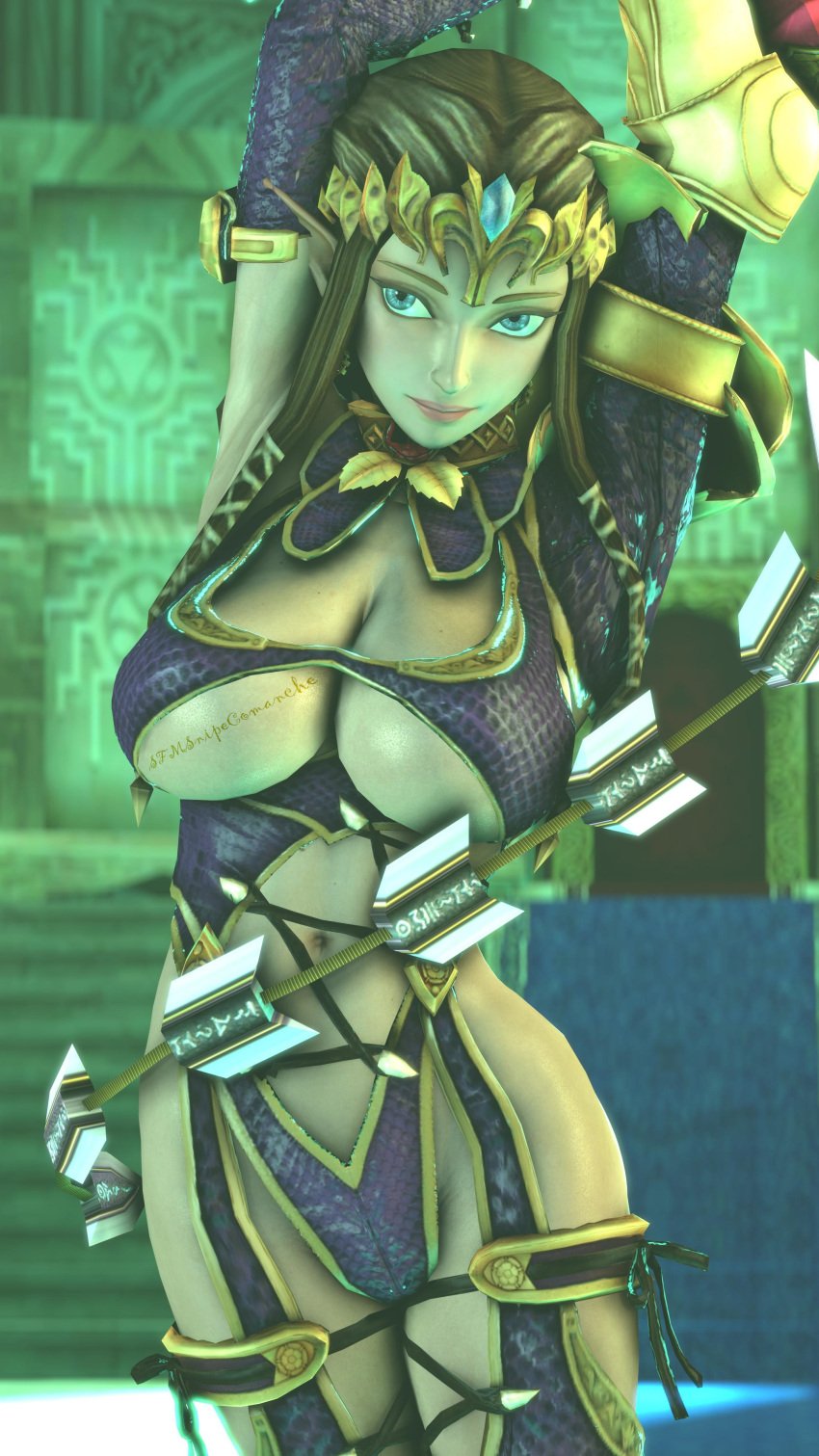 1girls 3d 3d_(artwork) 4k armpits arms_above_head barely_clothed big_breasts blue_eyes breasts brown_hair busty cleavage cosplay dominatrix exhibitionism female female_focus female_only garter_belt garter_straps hi_res high_resolution highres huge_breasts hylian isabella_valentine isabella_valentine_(cosplay) jewelry looking_at_viewer midriff navel nintendo pointy_ears pose posing princess_zelda sensual sfmsnipecomanche smile smiling_at_viewer soul_calibur source_filmmaker tagme the_legend_of_zelda tiara twilight_princess w33w33 whip_sword zelda_(twilight_princess)