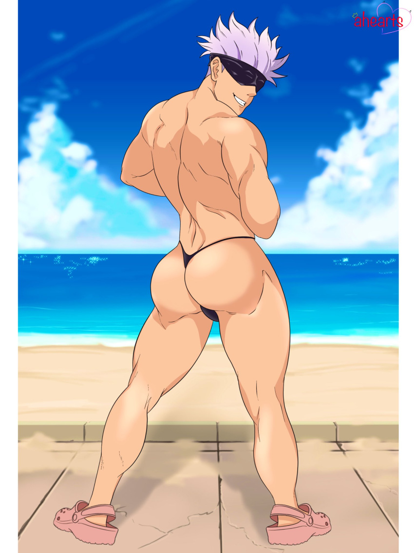 1boy ailurushearts ass back back_muscles back_view backsack balls_bulge balls_in_thong bara beach biceps big_ass big_butt black_thong blue_sky bulge butt_focus crocs dat_ass fat_ass human human_only jujutsu_kaisen looking_at_viewer looking_back male male_focus male_only muscles muscular muscular_male ocean pink_crocs pose posing presenting sand satoru_gojo smile smiling smirk solo solo_focus solo_male standing thick_ass thick_thighs thong thong_only water