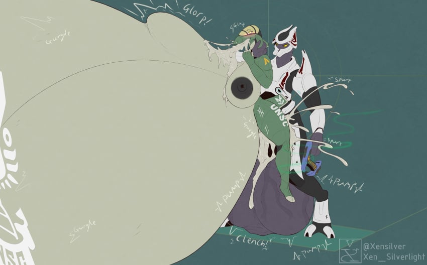 2d aeromorph anthro big_belly cum cum_through cumflation elite_(halo) halo_(series) hyper_balls hyper_breasts hyper_penis inflation male_sangheili_(halo) pectoral_bulge penis sangheili stomach_bulge xen_silverlight