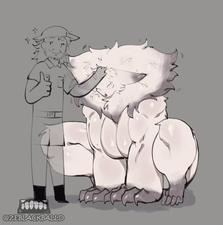 1boy1girl anthro big_breasts breasts claws closed_eyes cute female fit fit_female fluffy furry gray_fur grey_fur headpat huge_breasts large_breasts larger_female male mane mane_hair monster monster_girl muscular muscular_female muscular_thighs original original_character petting smaller_male squat squatting the_huntress_(zeblackballd) thick thick_thighs white_fur wholesome zeblackballd_(artist)
