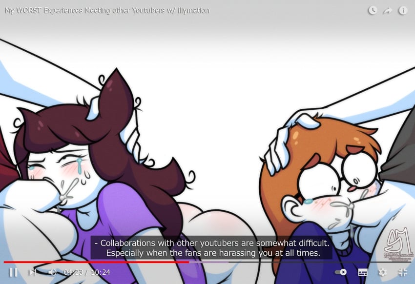 2boys 2girls ass blowjob blush bottomless brown_hair cum cum_in_mouth cum_inside english_text fellatio female freckles freckles_on_face glasses hand_on_head illymation jaiden jaiden_animations jaidenanimations male multiple_boys multiple_girls penis purple_shirt red_hair rough_oral round_glasses semidraws shirt sweatshirt tears tears_in_eyes text thumbnail youtube youtuber