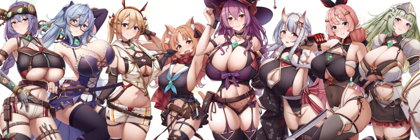 8girls animal_ears aqua_eyes armor armpit_crease bangs bare_shoulders belt belt_pouch black_choker black_gloves black_headwear black_legwear black_sleeves blonde_hair blue_eyes blue_hair blunt_bangs blush breasts brooch brown_belt brown_legwear choker cleavage closed_mouth clothing_cutout collarbone commentary_request cowboy_shot curled_horns curvy detached_sleeves eyebrows_behind_hair eyebrows_visible_through_hair fake_horns female female_only fou_zi garter_straps gauntlets glasses gloves green_hair groin hair_between_eyes hair_ornament hairband hairclip hand_on_headwear hand_up hat head_chain highleg highleg_leotard highres holding holding_staff hood hood_down hooded_vest hoodie horned_headwear horns huge_breasts jewelry kannko_bokujou large_breasts leotard long_hair looking_at_viewer multiple_girls navel navel_cutout orange_hair original paintcan panties parted_lips pink_hair pointy_ears pouch purple_eyes purple_hair purple_legwear purple_sleeves red_eyes red_hairband red_panties revealing_clothes revision shield short_shorts shorts sideboob sidelocks simple_background single_detached_sleeve single_glove single_thighhigh skindentation smile staff standing stomach sword tail thigh_strap thighhighs thighs tree twintails underboob underwear vest wavy_hair weapon white_background white_shorts white_vest witch_hat