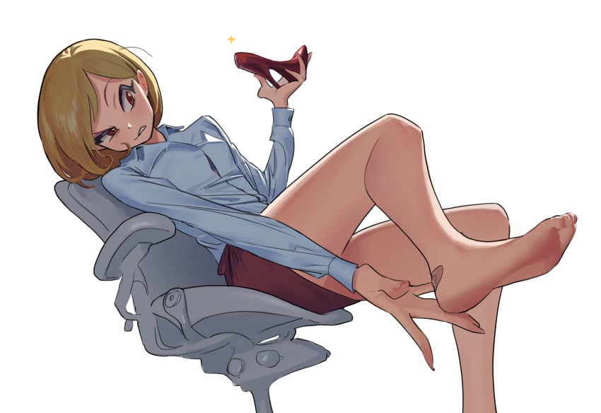 1girls bandaid bandaid_on_injury barefoot blonde_hair chair female female_only heel_injury heels high_heels hurt in_pain injured injury long_sleeve_shirt long_sleeves looking_at_self office_lady original_character red_shoes sekoshi-chan shoe_injury shoes_removed sitting_on_chair solo solo_female solo_focus some1else45 white_background white_shirt