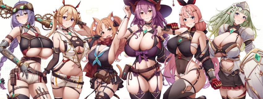 6girls animal_ears aqua_eyes armor armpit_crease bangs bare_shoulders belt belt_pouch black_choker black_gloves black_headwear black_legwear black_sleeves blonde_hair blue_eyes blunt_bangs blush breasts brooch brown_belt brown_legwear choker cleavage closed_mouth clothing_cutout collarbone commentary_request cowboy_shot curled_horns curvy detached_sleeves eyebrows_behind_hair eyebrows_visible_through_hair fake_horns female female_only fou_zi garter_straps gauntlets gloves green_hair groin hair_between_eyes hair_ornament hairband hairclip hand_on_headwear hand_up hat head_chain highleg highleg_leotard highres holding holding_staff hood hood_down hooded_vest hoodie horned_headwear horns huge_breasts jewelry kannko_bokujou large_breasts leotard long_hair looking_at_viewer multiple_girls navel navel_cutout orange_hair original paintcan panties parted_lips pink_hair pointy_ears pouch purple_eyes purple_hair purple_legwear purple_sleeves red_eyes red_hairband red_panties revealing_clothes revision shield short_shorts shorts sideboob sidelocks simple_background single_detached_sleeve single_glove single_thighhigh skindentation smile staff standing stomach sword tail thigh_strap thighhighs thighs tree twintails underboob underwear vest wavy_hair weapon white_background white_shorts white_vest witch_hat